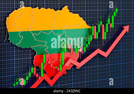 Croissance économique en Lituanie, marché en pleine évolution, concept. 3D rendu sur fond bleu foncé Banque D'Images