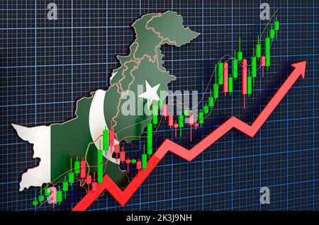 Croissance économique au Pakistan, marché en pleine évolution, concept. 3D rendu sur fond bleu foncé Banque D'Images