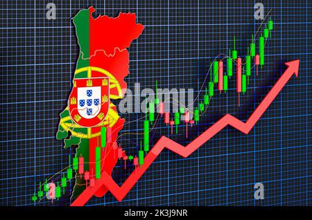 Croissance économique au Portugal, marché à la hausse, concept. 3D rendu sur fond bleu foncé Banque D'Images