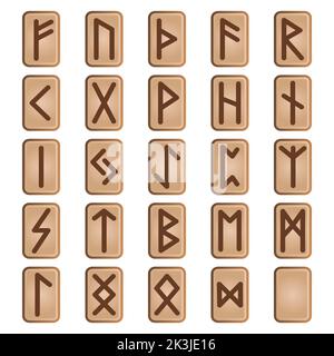 Jeu de runes de jeu, alphabet antique nordique, symboles viking celtic futumark gravés sur des pièces en bois.Signes occulte ésotériques, interface utilisateur mystique ou design gui ele Illustration de Vecteur