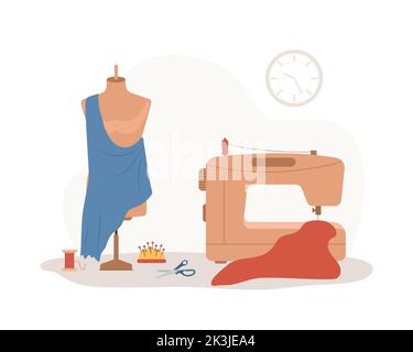 Concept de couture. Machine à coudre et mannequin. Accessoires de couturière pour magasin de vêtements ou atelier artisanal. Illustration vectorielle de style dessin animé plat Illustration de Vecteur