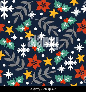 Motif sans couture plantes de noël et flocons de neige sur fond bleu illustration vectorielle. Pour l'impression, la conception de produits de Noël, les cartes de vœux, l'emballage Illustration de Vecteur