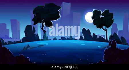 Ville de minuit avec jardin public à l'éclairage naturel. Illustration vectorielle de la pleine lune brillant dans le ciel nocturne, parc urbain sombre avec arbres et buissons contre silhouettes de megalopolis gratte-ciel bâtiments Illustration de Vecteur