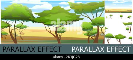 Épaissit le paysage africain. Image des calques pour une superposition avec effet de parallaxe. Scène avec sable et plantes. Savannah dans le désert. Acacia africaine. V Illustration de Vecteur