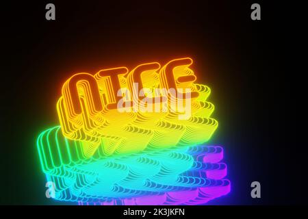 Belle abstrait fluo fond de mots NICE sur un fond noir. 3D illustration de rendu motif d'arrière-plan pour la conception. Banque D'Images
