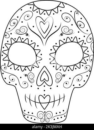 Jour des morts. Dia de los muertos. Mexique. Crâne à sucre avec motif floral sur fond transparent. Autocollant de dessin au trait. Icône. Isoler. Bon pour l'affiche, la carte, les invitations Illustration de Vecteur