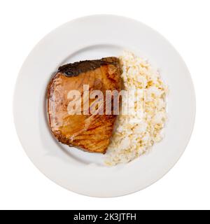 Steak de thon poêlé à la sauce soja servi avec du riz blanc Banque D'Images