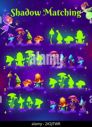 Jeu d'ombres assorties, champignons magiques de dessin animé sur la prairie. Trouvez la feuille de travail de vecteur de quiz de silhouette correcte avec des champignons de fée et de dessin animé lumineux dans le bois de fantaisie de nuit. Activité logique enfants Illustration de Vecteur