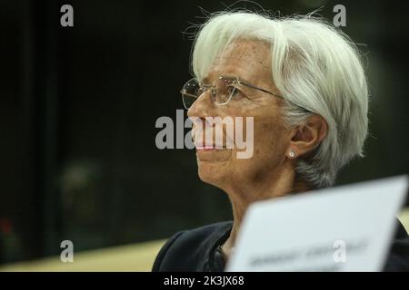 Bruxelles, région de Bruxelles-capitale, Belgique. 26th septembre 2022. Christine Lagarde, Présidente de la Banque centrale européenne, lors du troisième dialogue monétaire avec la Commission des affaires économiques et monétaires du Parlement européen au siège du Parlement européen à Bruxelles, Belgique, sur 26 septembre 2022. (Credit image: © Valeria Mongelli/ZUMA Press Wire) Banque D'Images