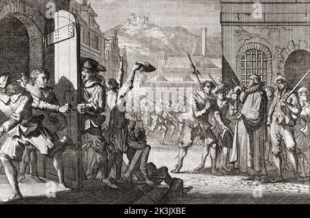 Révolte à Londres contre Charles Ier, 1600 - 1649, et Mgr William Laud, 1573 - 1645. À droite, Laud est confronté par des citoyens armés. Laud a été nommé archevêque de Canterbury par le roi Charles I. tous deux étaient des partisans de la haute Église anglicane. Les deux hommes, roi et évêque, ont été accusés de trahison et exécutés. Après une œuvre dans le style de Caspar Luyken. Banque D'Images