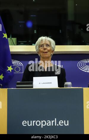 Bruxelles, région de Bruxelles-capitale, Belgique. 26th septembre 2022. Christine Lagarde, Présidente de la Banque centrale européenne, lors du troisième dialogue monétaire avec la Commission des affaires économiques et monétaires du Parlement européen au siège du Parlement européen à Bruxelles, Belgique, sur 26 septembre 2022. (Credit image: © Valeria Mongelli/ZUMA Press Wire) Banque D'Images