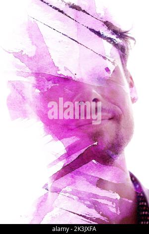 Peinture. L'aquarelle colorée a été fusionnée avec un portrait Banque D'Images