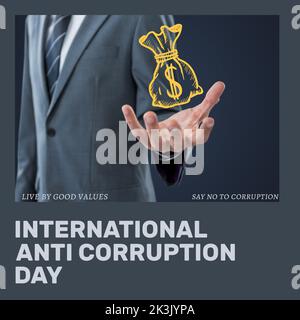 Image de la journée internationale de lutte contre la corruption et sac avec l'argent à la main des hommes d'affaires caucasiens Banque D'Images