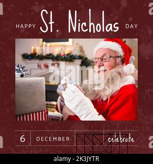 Composition du texte du jour de saint nicolas et du père noël à noël avec des cadeaux Banque D'Images