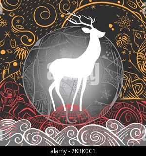 Carte postale du nouvel an de luxe dessinée à la main avec cerf, style vintage style vectoriel de message d'accueil christmath graphique Illustration de Vecteur