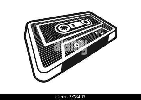 Cassette de musique rétro sur fond blanc. Cassette audio 3D en perspective. élément de design vintage des années 80. Noir et blanc monochrome vectoriel Illustration de Vecteur