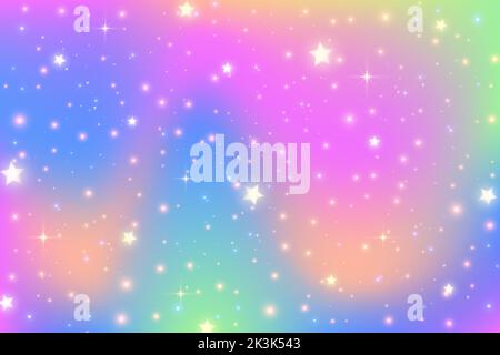 Arrière-plan Rainbow FANTASY. Illustration holographique lumineuse. Joli dessin animé en toile de fond. Ciel multicolore avec étoiles. Vecteur. Illustration de Vecteur