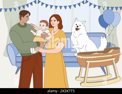 Bonne famille avec bébé garçon nouveau-né et joli chien blanc à la maison près du lit. Les jeunes parents tiennent le fils nouveau-né entre les mains. Mère et père souriants avec bébé qui s'enserre ensemble une illustration vectorielle plate. Illustration de Vecteur