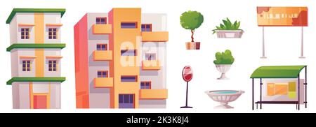 Éléments de ville, ensemble isolé de constructeur de rue. Objets de conception d'architecture urbaine. Maisons de dessins animés à plusieurs étages, bannière de rue, arbres verts, signalisation routière, pot de fleurs et arrêt de bus, illustration vectorielle, icônes Illustration de Vecteur