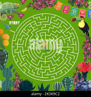 Labyrinthe de labyrinthe. Cactus mexicains, toucan, caméléon, colibris et fleurs. Énigme, puzzle vectoriel ou quiz avec activité de recherche, recherche de chemin et flore mexicaine plantes et faune animaux Illustration de Vecteur