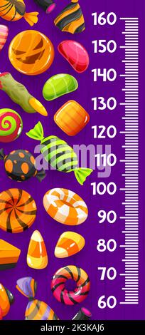 Règle pour tableau de hauteur pour enfants. Bonbons, bonbons et desserts de la bande dessinée Halloween. La croissance des enfants mesure la règle vectorielle, le mètre de hauteur ou l'échelle centimètre avec Halloween gâteries de vacances, gelée et bonbons au chocolat Illustration de Vecteur