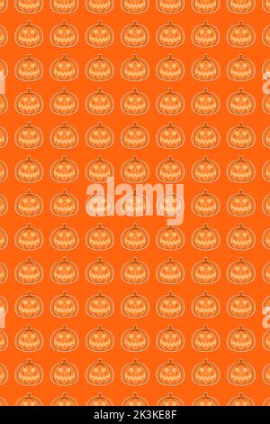 Beaucoup de citrouilles avec visage pour Halloween partie formant un motif sur fond orange. Espace pour le texte. Banque D'Images