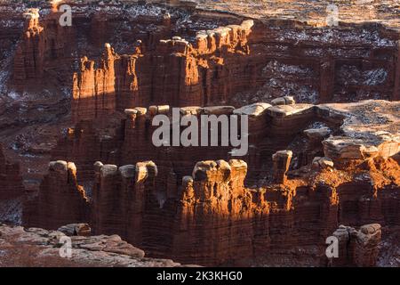 Formations rocheuses de schiste d'orgue Rock avec bouchons en grès White Rim dans Monument Basin, Parc national de Canyonlands, Utah. Banque D'Images