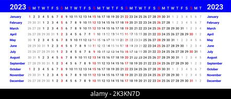 Modèle de calendrier linéaire bleu pour 2023 avec la semaine commence le dimanche Illustration de Vecteur