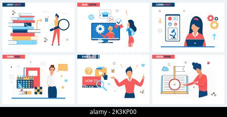 Bibliothèque en ligne, illustration vectorielle de l'ensemble d'applications mobiles d'ebook. Les étudiants de dessin animé étudient avec des livres numériques et des didacticiels vidéo, le concept de formation de webinar pour la bannière, la conception de site Web ou la page Web d'arrivée Illustration de Vecteur