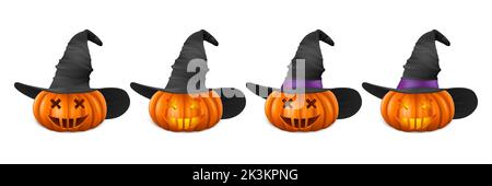 Ensemble de citrouille d'Halloween Vector avec chapeau de sorcière. Mignon Jack-o-lanternes, visage de citrouille sculpté pour invitations, cartes, emballage, emballage, bannières Design. 3d Illustration de Vecteur