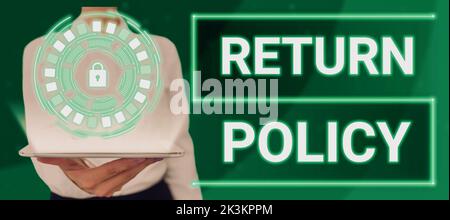 Politique de retour de texte d'écriture manuscrite. Approche commerciale remboursement de la taxe Conditions générales de vente au détail à l'achat Banque D'Images
