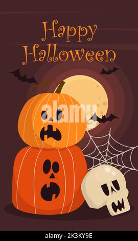 Lettering Happy Halloween citrouille chauves-souris crâne toile d'araignée sur le fond de la pleine lune