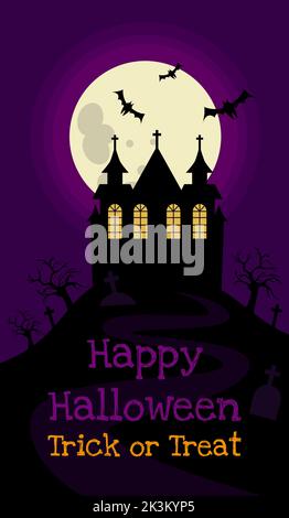 L'inscription Happy Halloween et trick ou traite maison sur le cimetière Illustration de Vecteur