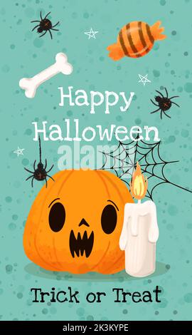 Lettering Happy Halloween et trick ou traiter aquarelle texture citrouille OS brûlant bougie et araignées Illustration de Vecteur