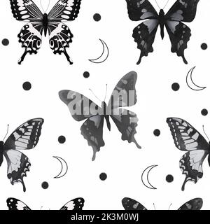 Motif céleste sans couture élégant avec pois. Arrière-plan magique de boho avec éléments d'espace gris étoiles, papillons. Texture coolée noir et blanc. Banque D'Images