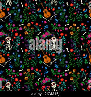 Dia de los muertos sans coutures. Les principaux symboles de la fête sur fond sombre. Jour des morts. Halloween. Banque D'Images