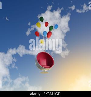 Chaise de ballon volant dans l'air avec des ballons - 3D rendu d'illustration Banque D'Images