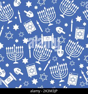 Hanukkah sans couture avec menorah, dreidel, bougies, étoile de David. Texture bleue de vacances juive, arrière-plan. Joli motif pour les papiers peints, les enfants Banque D'Images