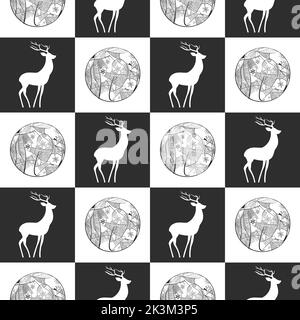 Motif de noël décoratif sans couture avec cerf et boule de noël, à carreaux, style vintage vectoriel de mode, dessiné à la main Illustration de Vecteur