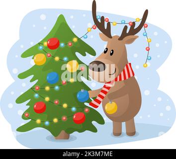 Dessin animé cerf décorant arbre de Noël. Jolie illustration de Noël de saison dans un style de dessin animé plat. Illustration de Vecteur