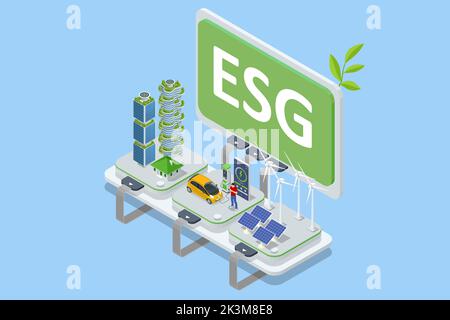 Concept ESG isométrique de l'environnement, de la société et de la gouvernance. ESG, énergie verte, stations de charge Electromobile et industrie durable avec Illustration de Vecteur