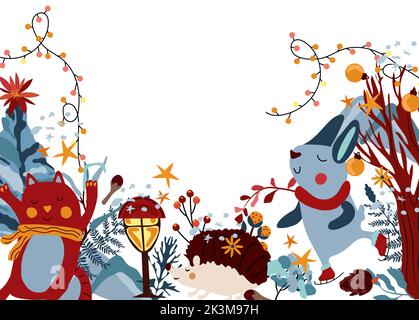 Composition hivernale avec joli lapin dans un foulard sur patins, chat drôle, guirlande, baies, feuilles, Arbre de Noël et autre. Animaux amusants en hiver. Idéal pour les cartes de vœux, les affiches, les cartes postales et les bannières. Illustration de Vecteur
