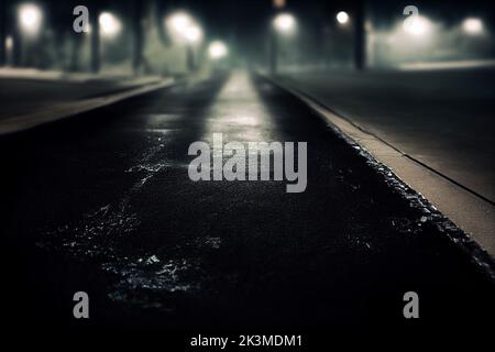 Route asphaltée noire et arrière-plan vide de la scène de rue sombre. Asphalte fissuré et routes courbes.lignes de route. Art numérique Banque D'Images