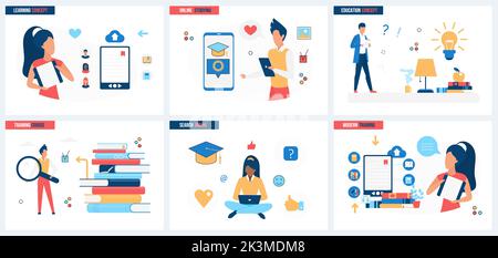 Enseignement en ligne, apprentissage avec téléphone mobile applications définir illustration vectorielle. Les élèves de dessin animé étudiant avec podcast audio, ebook et tutoriaux concept pour la bannière, la conception de site Web ou la page d'arrivée Web Illustration de Vecteur