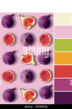 Palette de correspondance des couleurs provenant de l'image de fruits figuiers, entière et coupée en deux sur fond rose. Banque D'Images