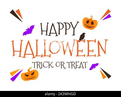 Bannière texte Happy Halloween avec citrouilles et chauves-souris. Le corbeau est placé sur la lettre. Bonne inscription Halloween sur fond blanc. Design pour bannières et Illustration de Vecteur