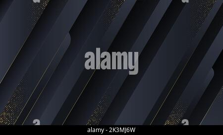 Arrière-plan abstrait de luxe avec bordure dorée à paillettes. Demi-ton brillant doré et lignes sur fond dégradé foncé. Modèle horizontal Premium 3D Illustration de Vecteur