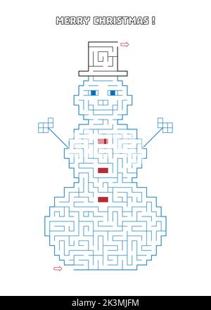 Labyrinthe en forme de bonhomme de neige avec entrée et une sortie. Page d'activités joyeux Noël pour les enfants. Jeu de labyrinthe de ligne. Complexité moyenne. Casse-tête labyrinthe pour les enfants des fêtes, vec Illustration de Vecteur