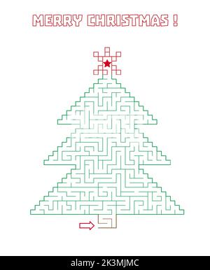 Labyrinthe en forme d'arbre de Noël. Page d'activités joyeux Noël pour les enfants. Jeu de labyrinthe de ligne. Complexité moyenne. Casse-tête de labyrinthe pour les enfants des fêtes, illustration vectorielle Illustration de Vecteur