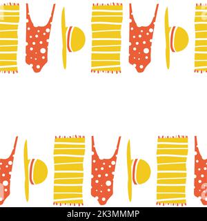 L'illustration montre les accessoires de plage - maillot de bain, lunettes, serviette, chapeau. Banque D'Images